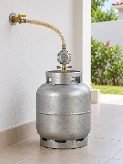 Botijão P13 conectado em área de serviço externa de uma casa