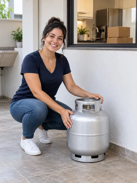 Moradora recém-mudada agachada ao lado do botijão de gás completo na entrada da casa nova