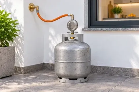 Botijão de gás P13 instalado sob a janela da cozinha, com regulador e mangueira laranja presos à parede