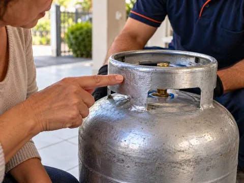 Detalhe da data gravada na alça de um botijão de gás
