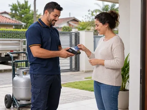 Cliente pagando com cartão na maquininha na porta de casa