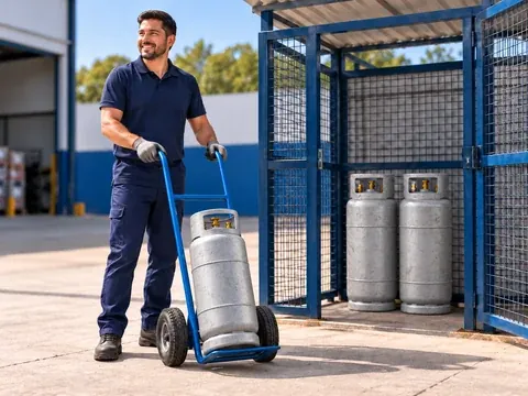 Entregador com um cilindro P20 no carrinho ao lado da gaiola de armazenamento de uma empresa