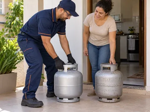 Botijão vazio sendo trocado por um cheio na porta de casa