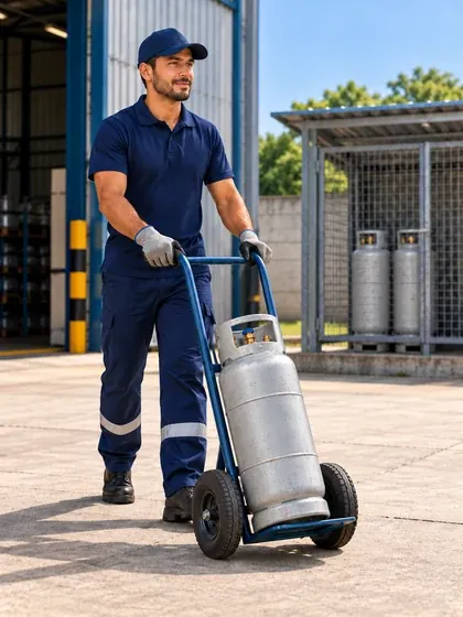 Entregador de uniforme puxando um cilindro P20 no carrinho em frente a um galpão