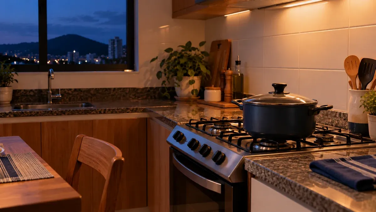 Cozinha à noite com o fogão apagado depois que o gás acabou