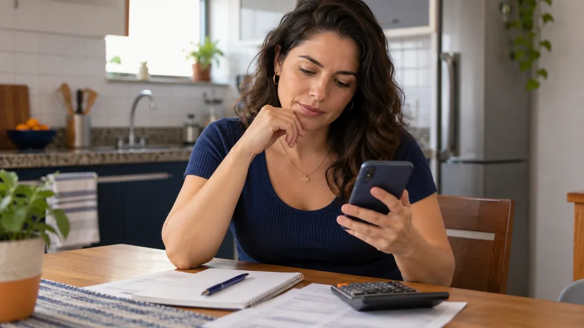 Pessoa comparando cotações de gás no celular com calculadora e anotações