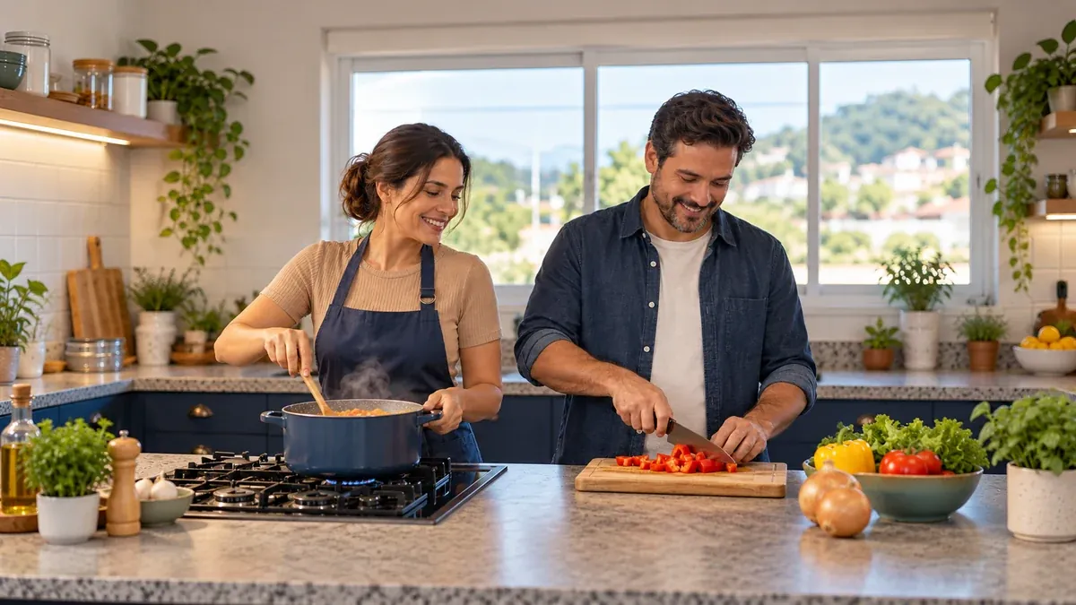Casal preparando uma refeição em uma cozinha residencial
